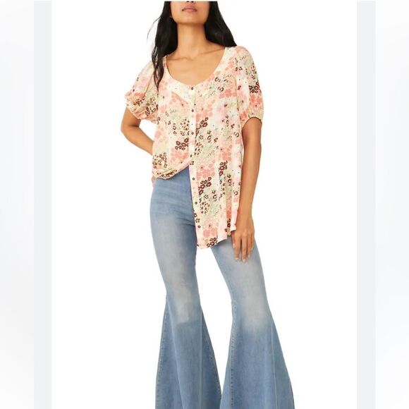 Free People Callie Floral Print Scoop Neck Short Sleeve Tunic Top .Size XS - Picture 1 of 16